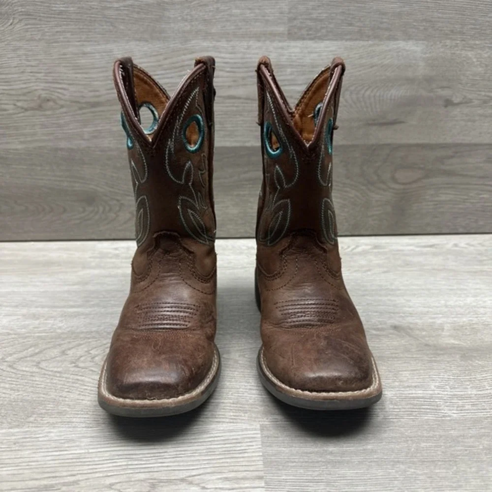 Justin Bowline Junior Kids Youth Brown‎ Leather Square Toe Pull-on Boots Size 9D